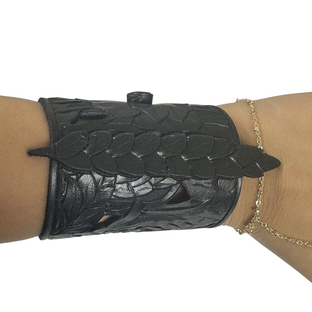 Dior Black Leather Floral Cutout Wide Cuff Bracelet Gold Buckle Rare